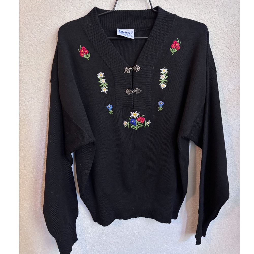 Vintage Meister Black Floral Embroidered Wool Blend Alpine Sweater Metal Clasps